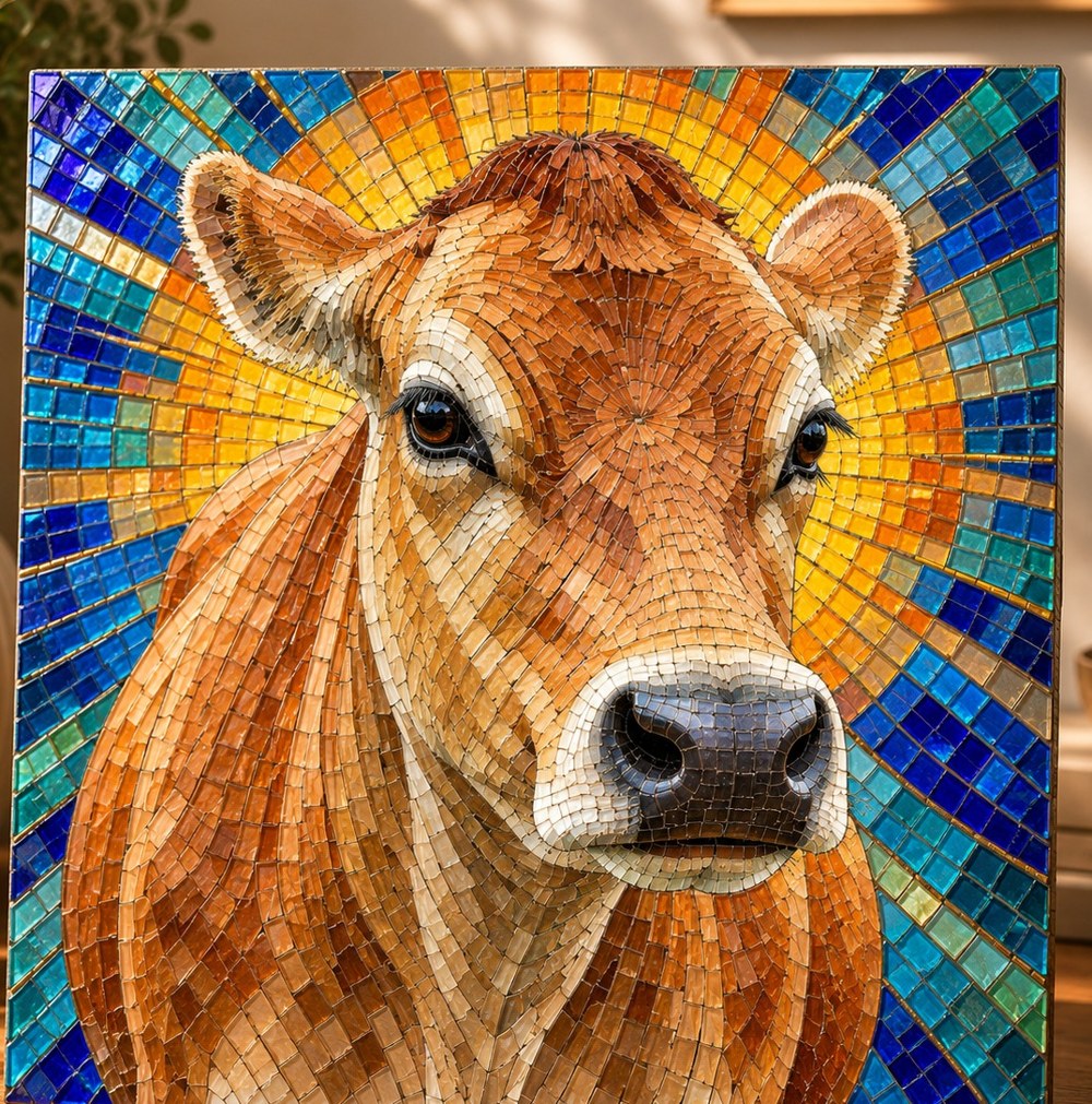 The finished piece: the fawn Jersey cow on a blue and gold tiled sunburst in small glass mosaic tiles, in a slim frame, hung on the limewashed wall above the sideboard