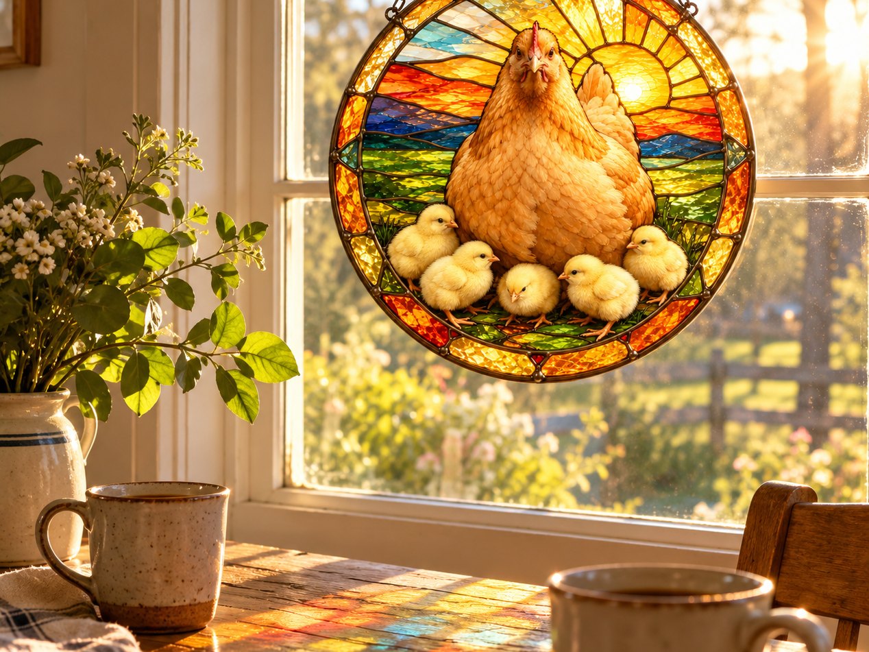 A round stained-glass suncatcher of a golden hen with her chicks hanging in a breakfast-nook window, the sun through it throwing colour onto a small table with two mugs and a plant