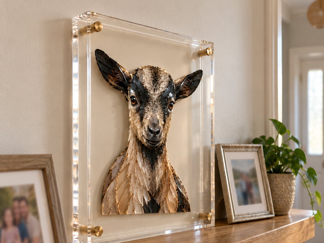 A clear acrylic panel with a goat kid in cut glass standing on a narrow hallway shelf beside two small framed family photographs and a potted plant, a glazed front door at the end