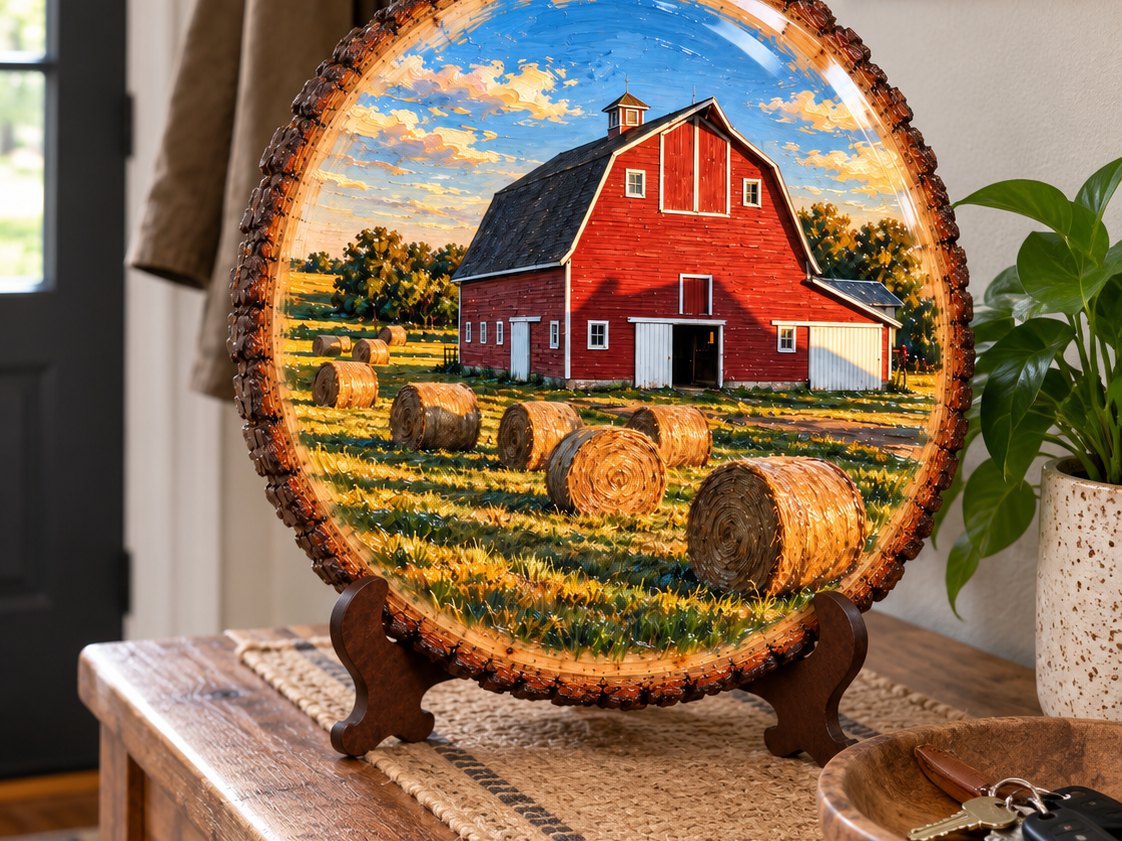 A round tree slice painted with a red barn and hay bales standing on its small easel on a wooden entryway console, a bowl of keys beside it, a coat on a hook and a plant by the front door