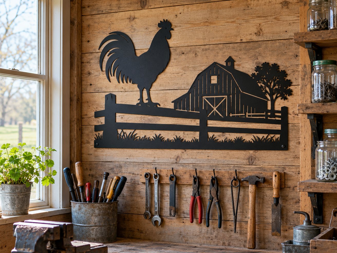 A laser-cut black steel sign of a rooster on a fence rail with a barn behind, mounted on a timber-plank workshop wall above a workbench with hand tools on hooks and shelves of jars
