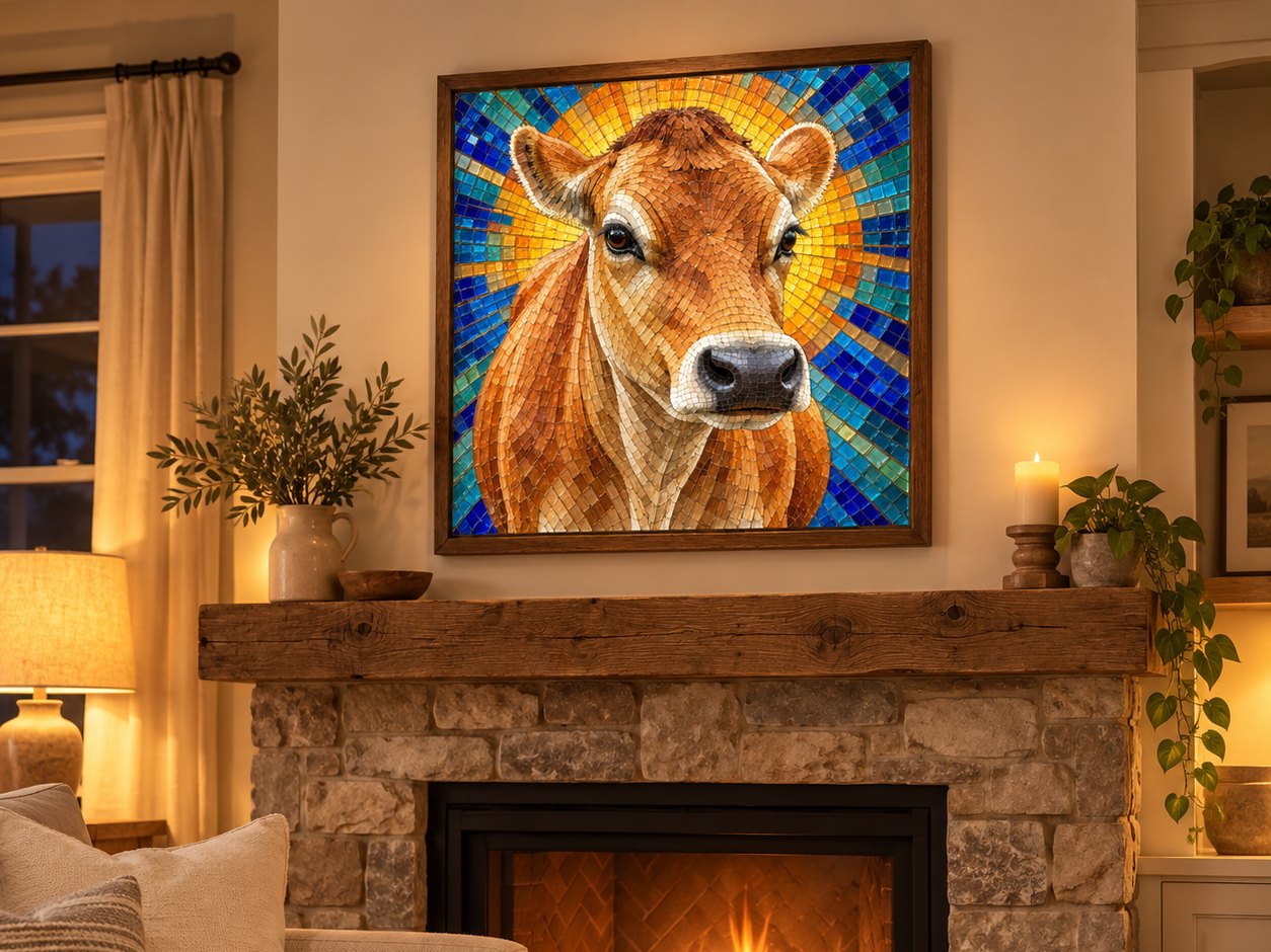 A framed mosaic panel of a Jersey cow on a blue and gold tiled sunburst hung above a rustic stone fireplace with a fire lit, a linen sofa, a lamp and a basket in the firelit room