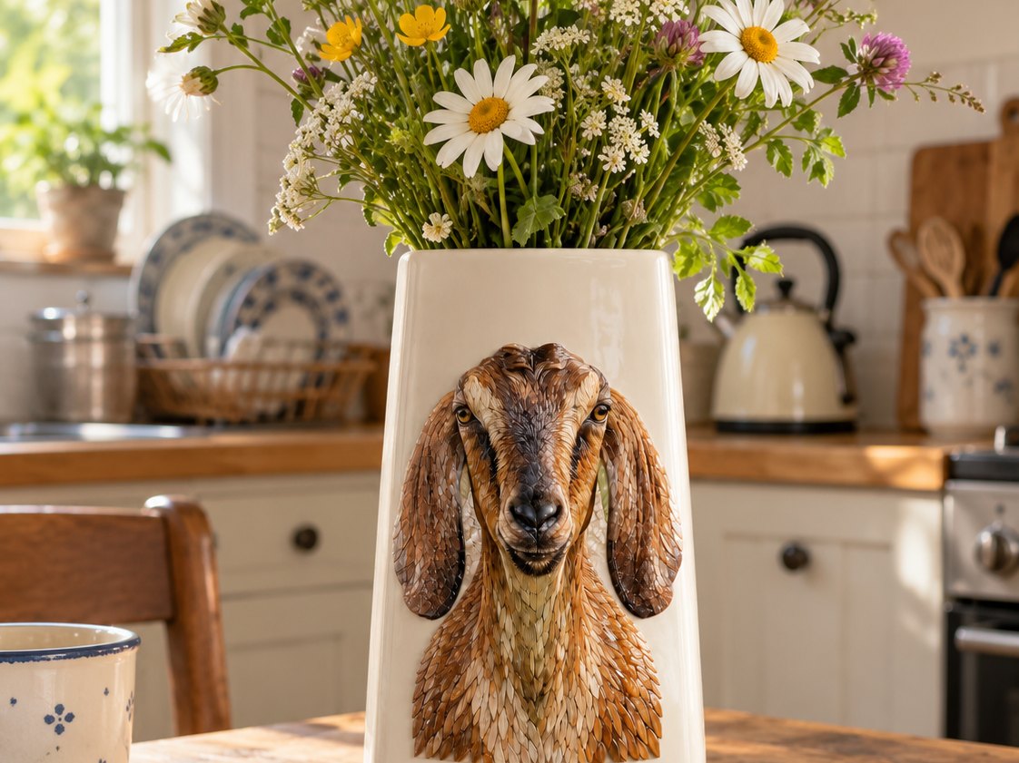 A white ceramic vase with a mosaic portrait of a Nubian goat on its front, full of daisies and wildflowers, on a wooden kitchen table in morning light, a plate rack, a kettle and a checked cloth behind